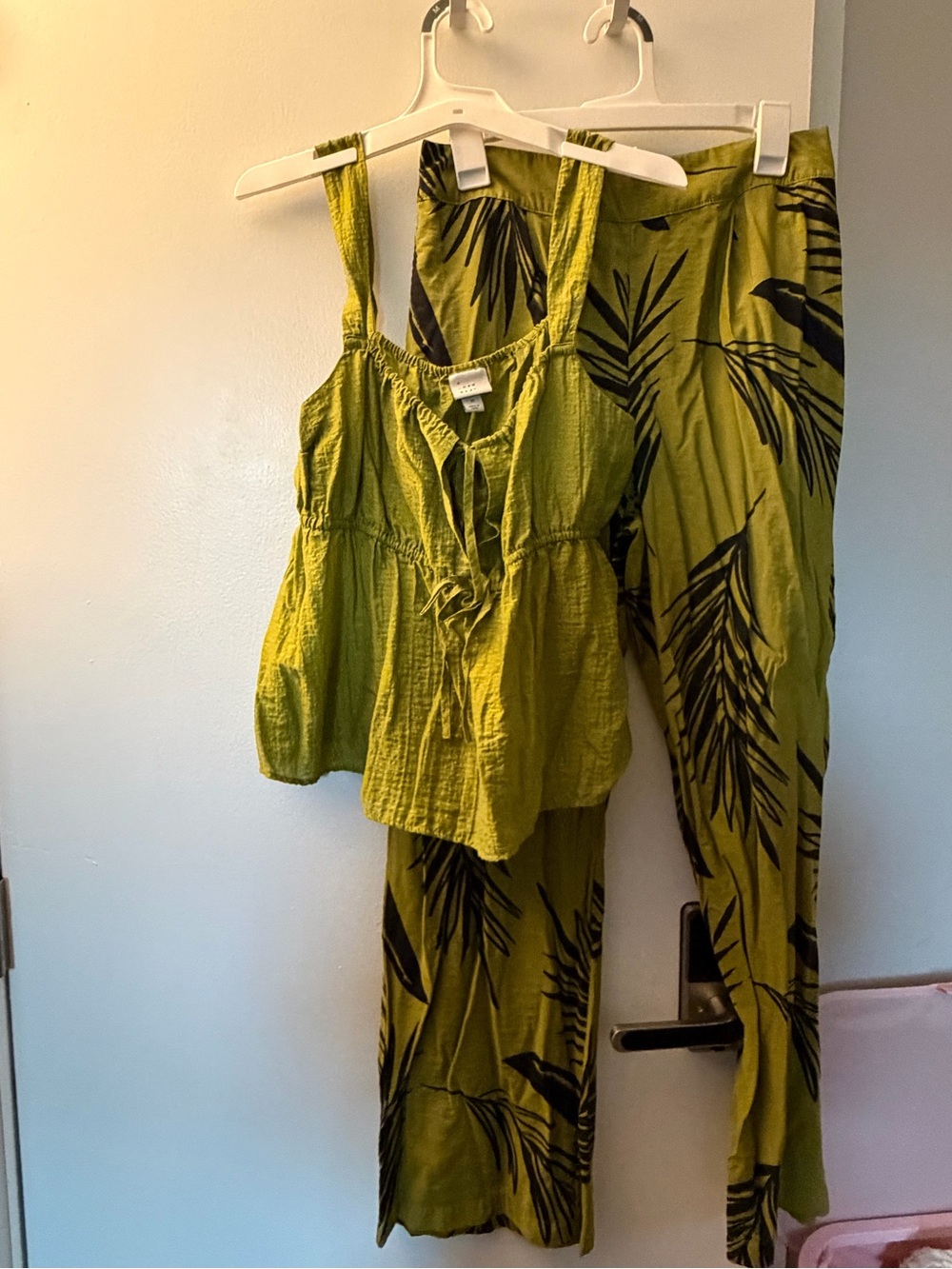 Olive Green Palm-Print Wide Leg Pants